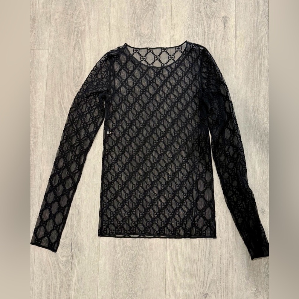 GUCCI Black GG Embroidered Tulle Sheer Top M - Picture 3 of 6